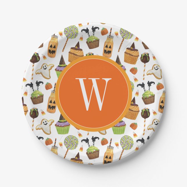 Watercolor Halloween Cupcakes and Sweets Monogram Paper Plate (Front)