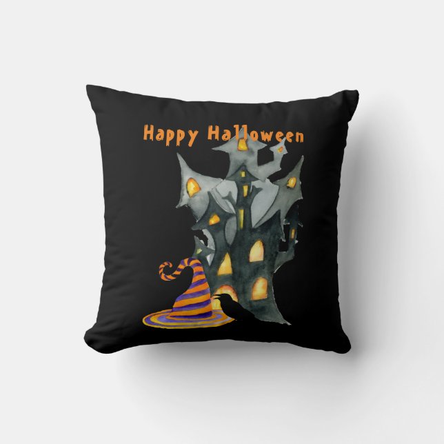 Watercolor Halloween House & Hat  Cushion (Front)
