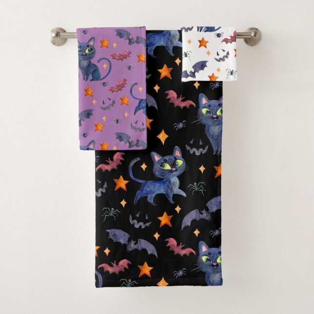 Watercolor Halloween illustration with black cats Bath Towel Set (Insitu)