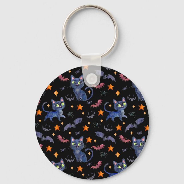 Watercolor Halloween illustration with black cats  Key Ring (Front)
