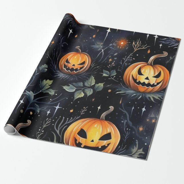 Watercolor Halloween Pumpkin Wrapping Paper (Unrolled)