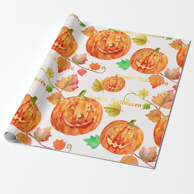 Watercolor Halloween Pumpkin Wrapping paper (Unrolled)