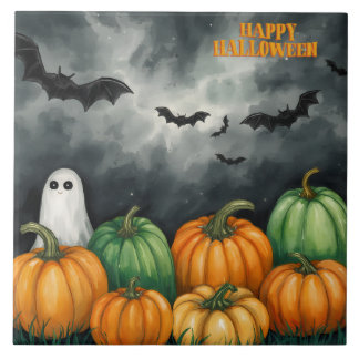 Watercolor Halloween Pumpkins and Ghost Ceramic Tile