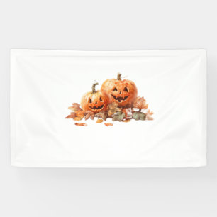 Watercolor Halloween Pumpkins with Autumn Leaves O Banner