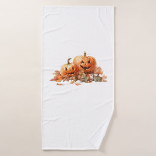 Watercolor Halloween Pumpkins with Autumn Leaves O Bath Towel