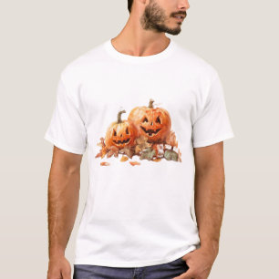 Watercolor Halloween Pumpkins with Autumn Leaves O T-Shirt