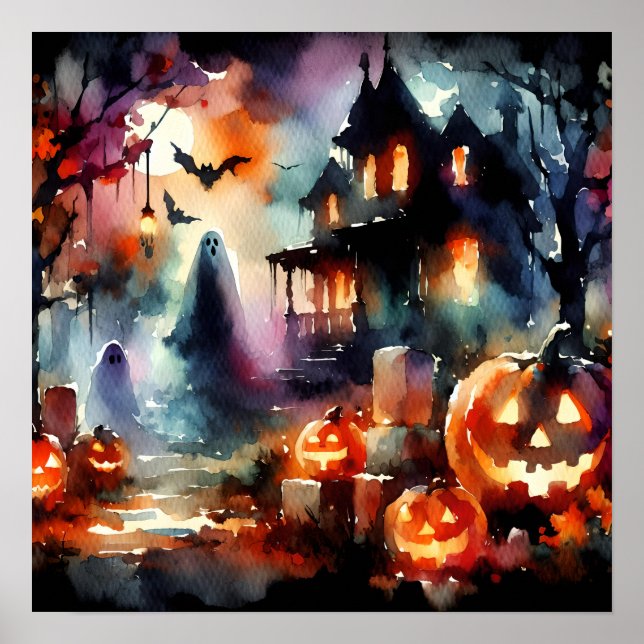 Watercolor Halloween Scene Poster (Front)