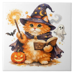 Watercolor Halloween Wizard Cat with Ghost Ceramic Tile
