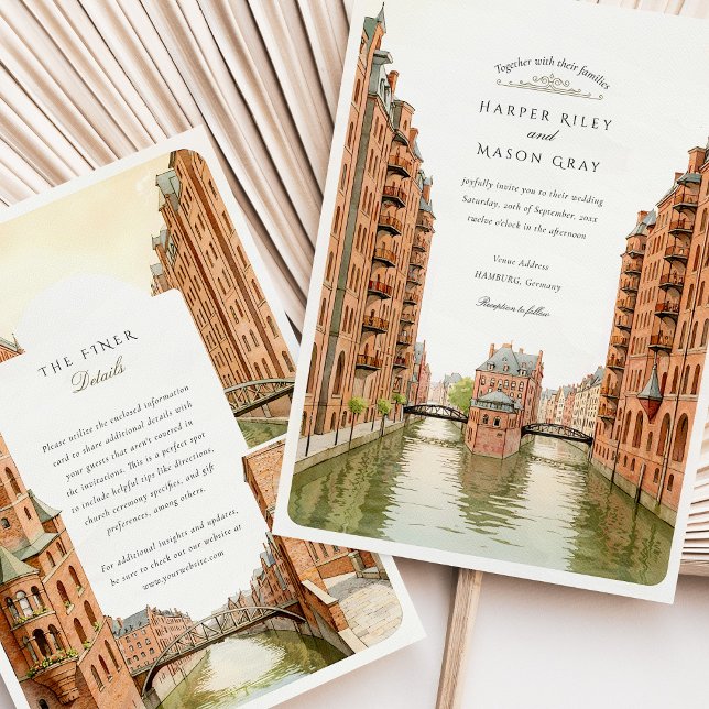 Watercolor Hamburg Speicherstadt Canal Wedding Invitation (Creator Uploaded)