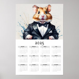 Watercolor Hamster in Tuxedo Bow Tie 2025 Calendar Poster