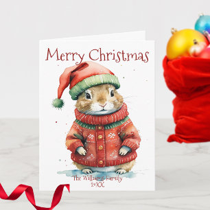 Watercolor Hamster Santa Sweater Family Christmas Card