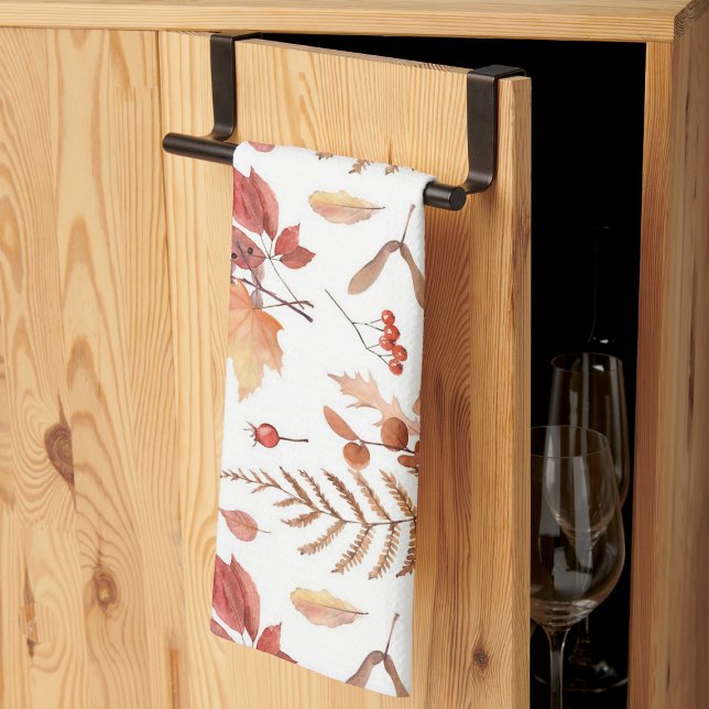 Watercolor Hand Drawn Fall Autumn Leaves & Berries Tea Towel (Watercolor Hand Drawn Fall Autumn Leaves & Berries Kitchen Towel)