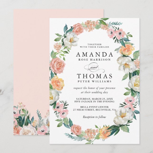 Watercolor Hand Drawn Garden Floral Wreath Wedding Invitation (Front/Back)