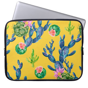 Watercolor hand drawn illustration with cactus and laptop sleeve