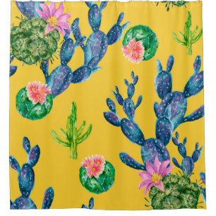 Watercolor hand drawn illustration with cactus and shower curtain