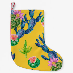 Watercolor hand drawn illustration with cactus and small christmas stocking