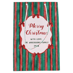 Watercolor Hand Drawn Red Bows Stripes Christmas  Medium Gift Bag