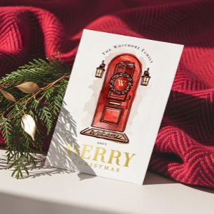Watercolor Hand Drawn Red Door Christmas Wreath Foil Holiday Card