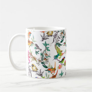 Watercolor hand drawn seamless pattern with tropic coffee mug