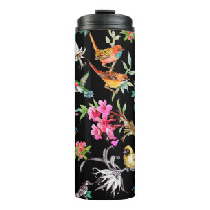 Watercolor hand drawn seamless pattern with tropic thermal tumbler
