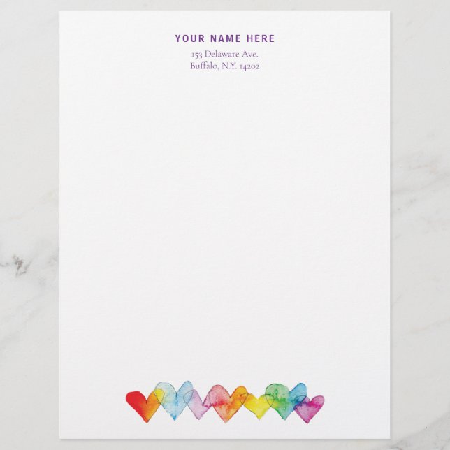 Watercolor Hand-Drawn Transparent Hearts Colourful Custom Letterhead (Front)