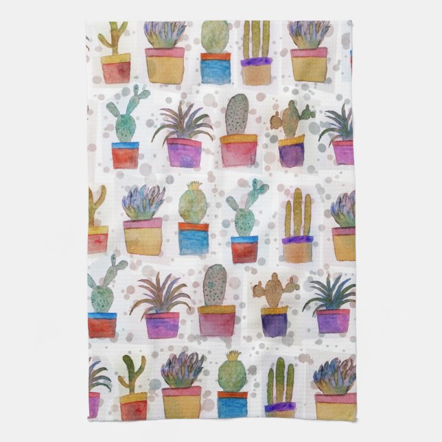 Watercolor hand paint cactus pattern tea towel (Vertical)