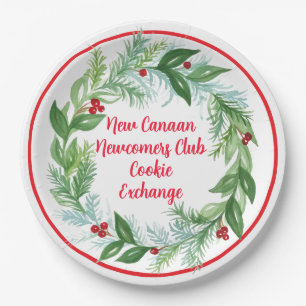 Watercolor Hand painted Christmas Holiday Wreath Paper Plate