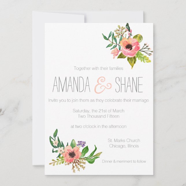 Watercolor hand painted Floral Wedding Invitation (Front)