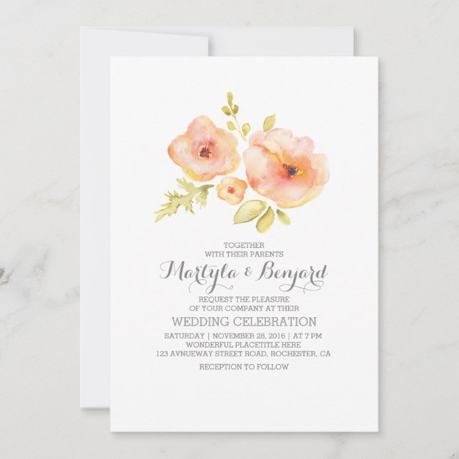 watercolor hand painted flowers romantic wedding invitation (Front)