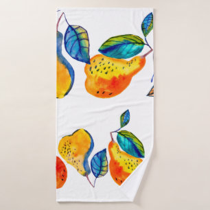 Watercolor hand painted pears in seamless border.  bath towel