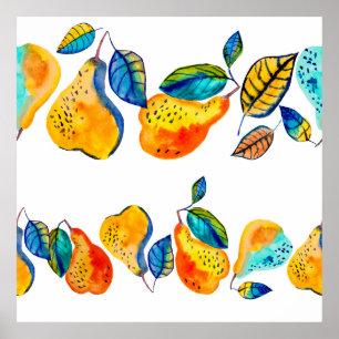 Watercolor hand painted pears in seamless border. poster