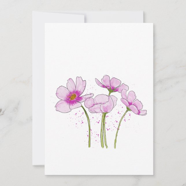 Watercolor Hand-painted Pink Cosmos Flowers Invitation (Front)