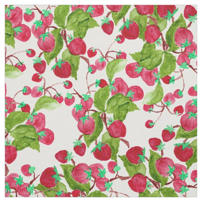 Watercolor hand painted red green strawberries fabric (Swatch)