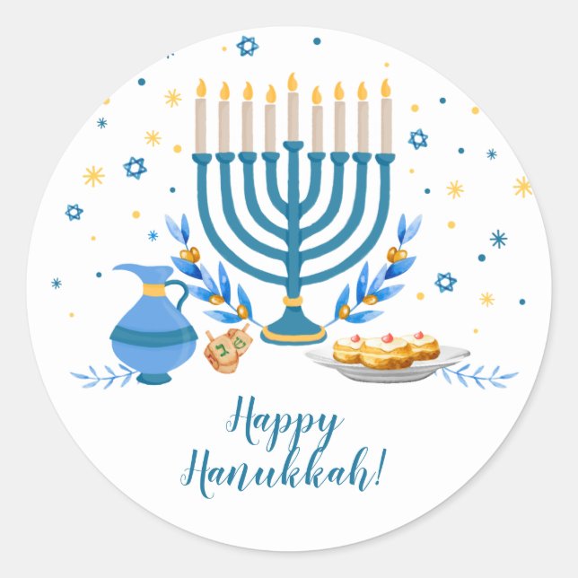 Watercolor Hanukkah Holiday Classic Round Sticker (Front)