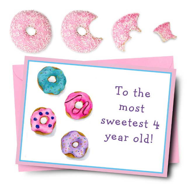 Watercolor Happy 4th Birthday Frosted Doughnuts Ca Card (Satisfy their sweet tooth with a donut-filled birthday delight! Yum!)