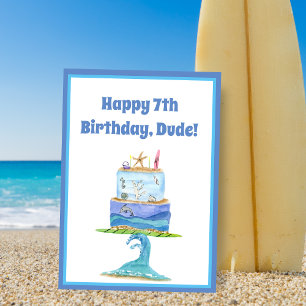 Watercolor Happy 7th Birthday Surfer Cake Card