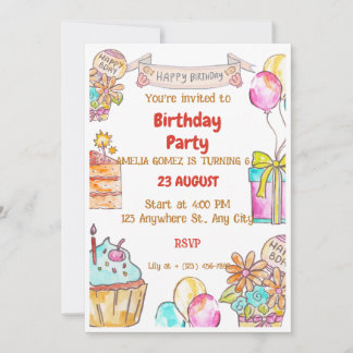Watercolor Happy Birthday Balloons Cake Cupcake Invitation