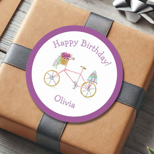Watercolor Happy Birthday Bicycle  Classic Round Sticker
