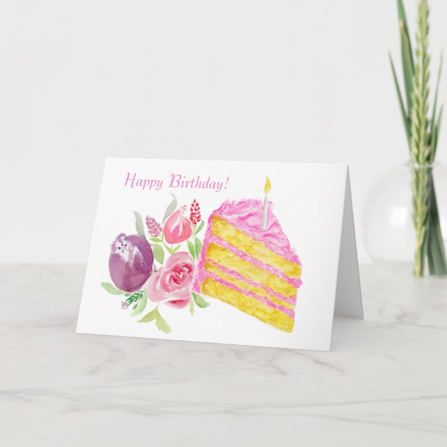 Watercolor Happy Birthday Pink Frosting Cake Card (Front)