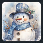 Watercolor Happy Christmas Snowman in Winter Square Sticker<br><div class="desc">Exclusively from designs4days,  our happy winter snowman Christmas sticker design.</div>