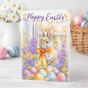 Watercolor Happy Easter Bunny Card   Soft Floral