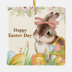Watercolor Happy Easter Day Floral Bunny with Bow Ceramic Ornament