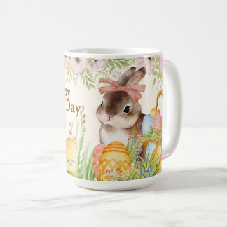 Watercolor Happy Easter Day Floral Bunny with Bow Coffee Mug