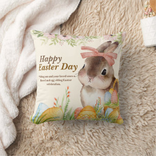 Watercolor Happy Easter Day Floral Bunny with Bow Cushion