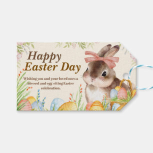 Watercolor Happy Easter Day Floral Bunny with Bow Gift Tags
