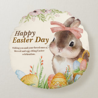 Watercolor Happy Easter Day Floral Bunny with Bow Round Cushion