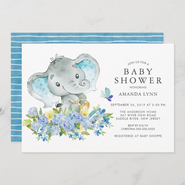 Watercolor Happy Elephant Baby Boy Shower Invitation (Front/Back)