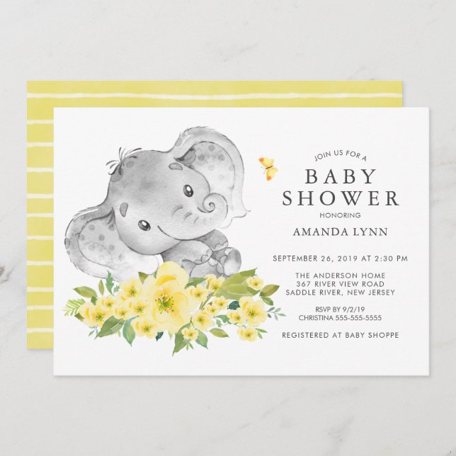 Watercolor Happy Elephant  Neutral Baby Shower Invitation (Front/Back)
