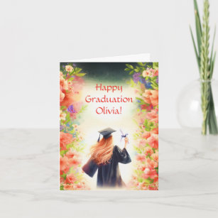 Watercolor Happy Graduation Blonde Girl And Flower Card