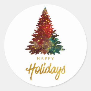 Watercolor Happy Holidays Christmas Tree Classic Round Sticker